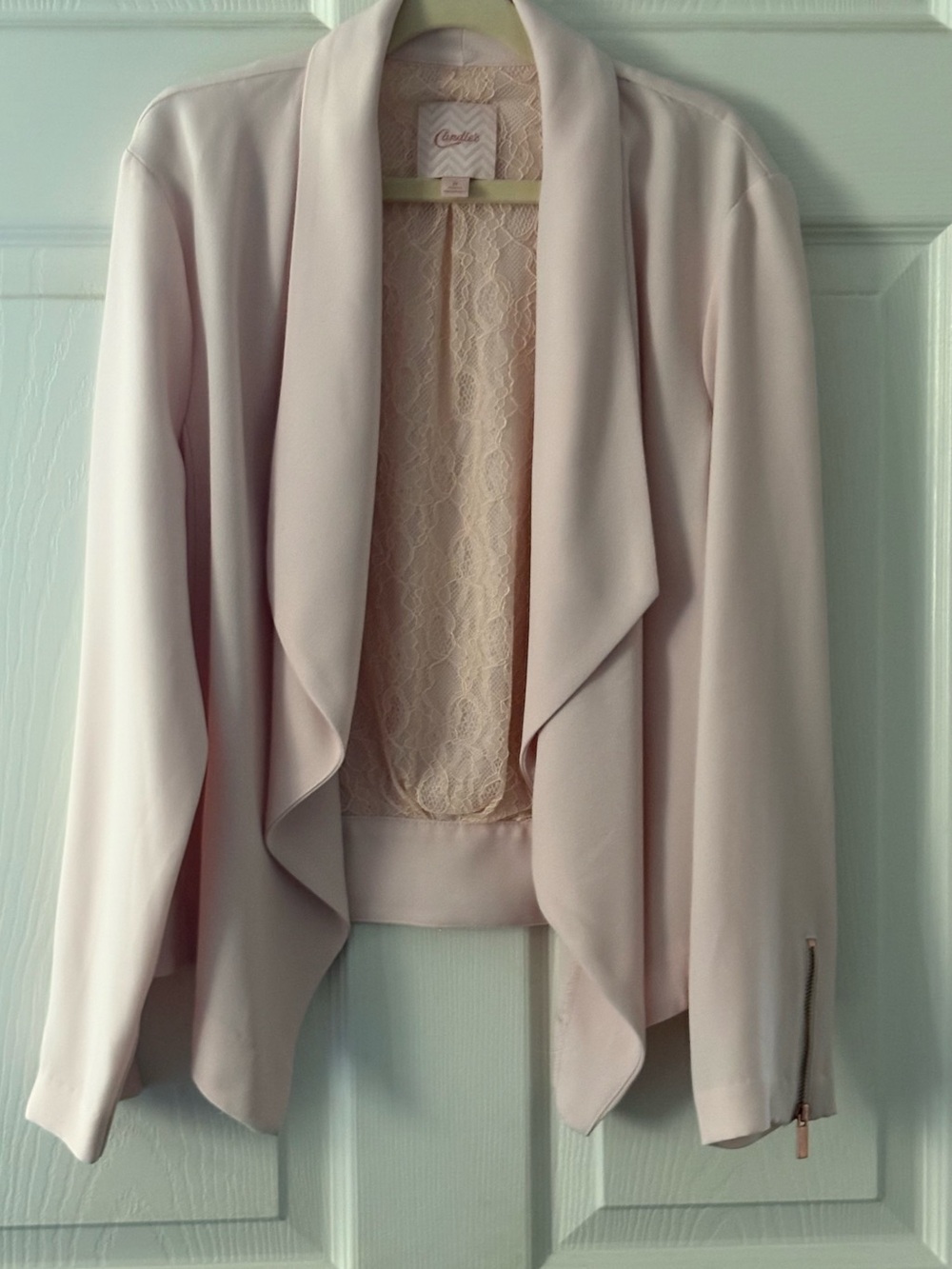 Candie's Blush Open-Front Draped Blazer with Lace Panel
